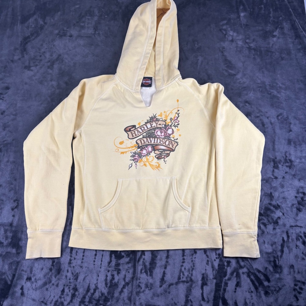 Harley-Davidson Hoodie Womens Large Yellow Floral Graphic Bluegrass Louisville